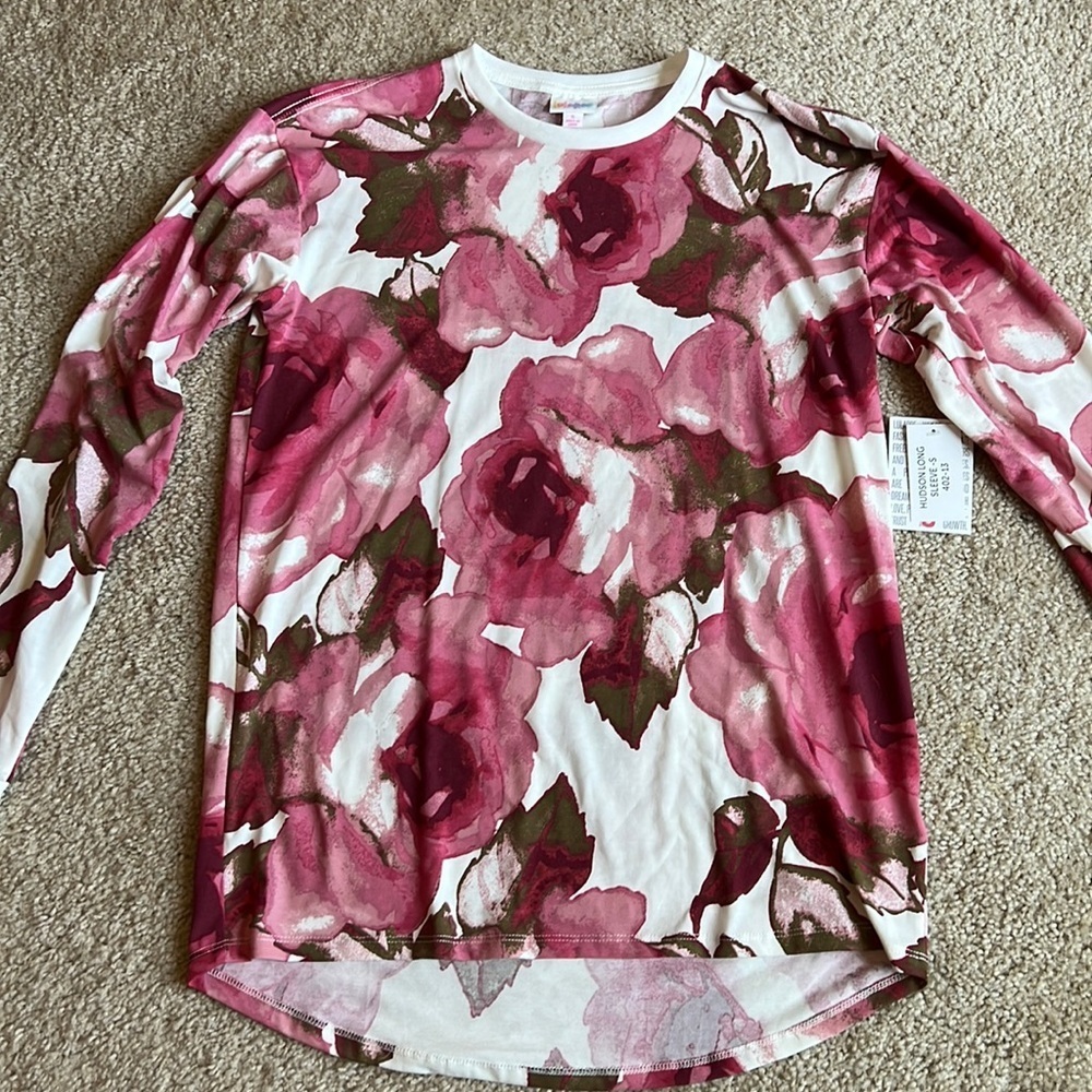 Lularoe Hudson Long Sleeve shirt top flowers floral roses pink white green small